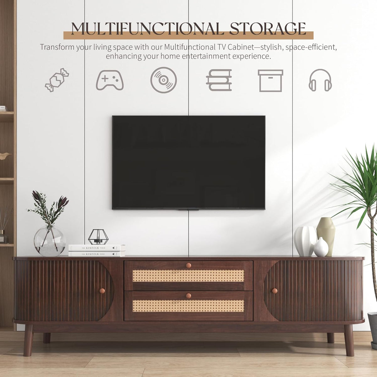 Merax Modern Fluted TV Stand for 75" TVs, Mid-Century Entertainment Center Tambour Door Media