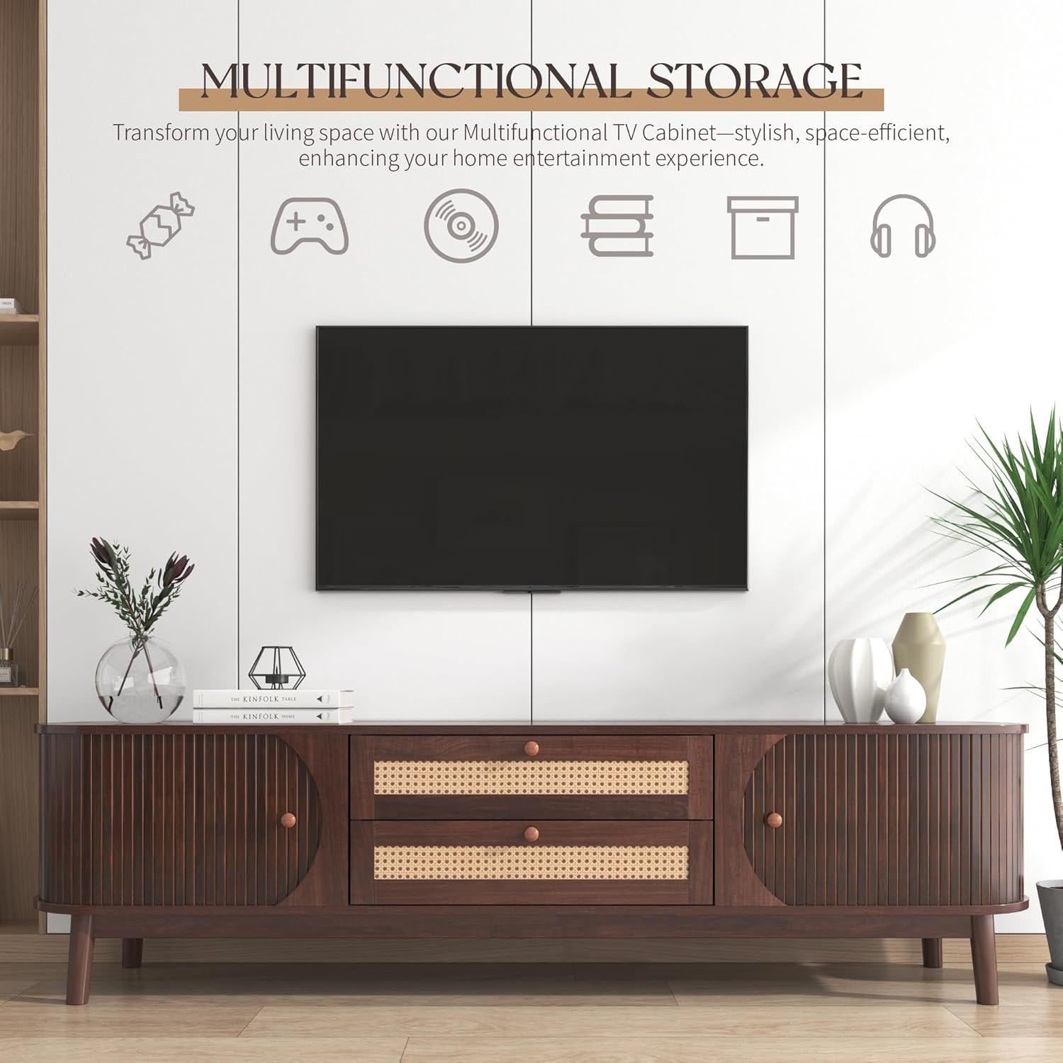 Merax Modern Fluted TV Stand for 75" TVs, Mid-Century Entertainment Center Tambour Door Media