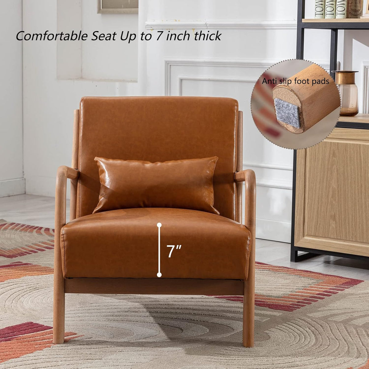 INZOY Mid Century Modern Accent Chair with Wood Frame, PU Leather Reading Armchair with Waist