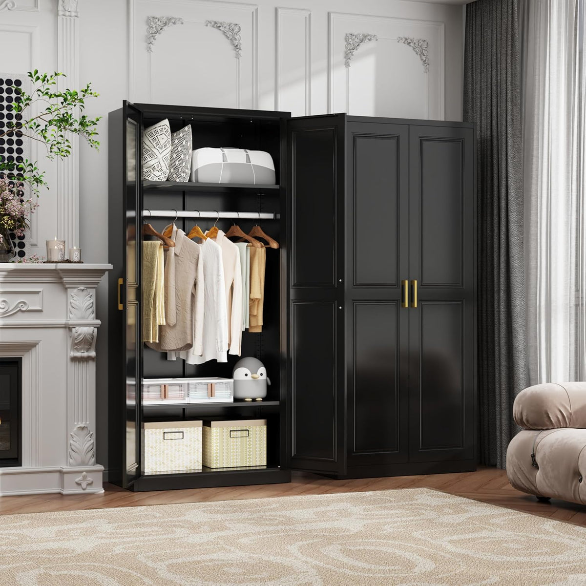 71" Metal Armoire Wardrobe Closet with 2 Doors, Tall Wardrobe Cabinet with Hanging Rod and