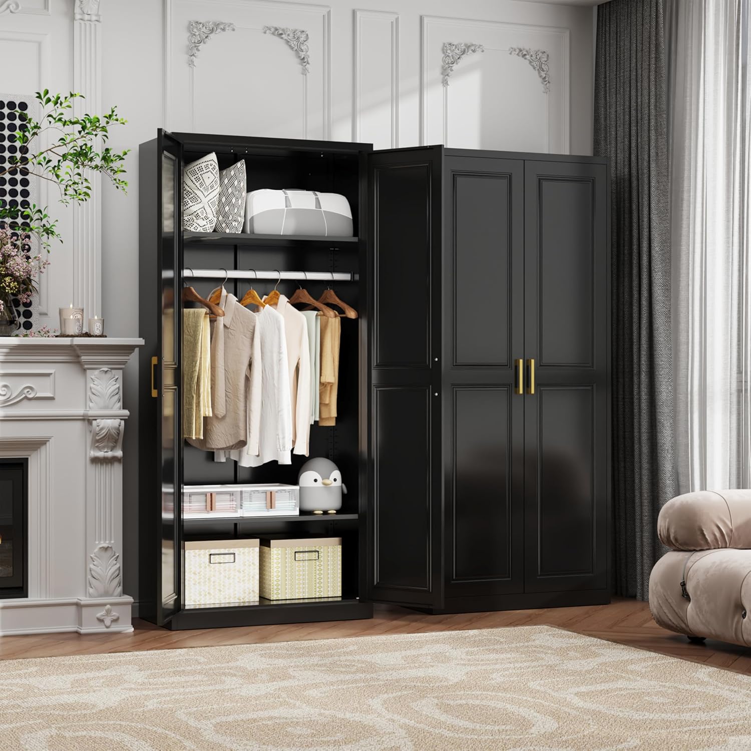 71" Metal Armoire Wardrobe Closet with 2 Doors, Tall Wardrobe Cabinet with Hanging Rod and