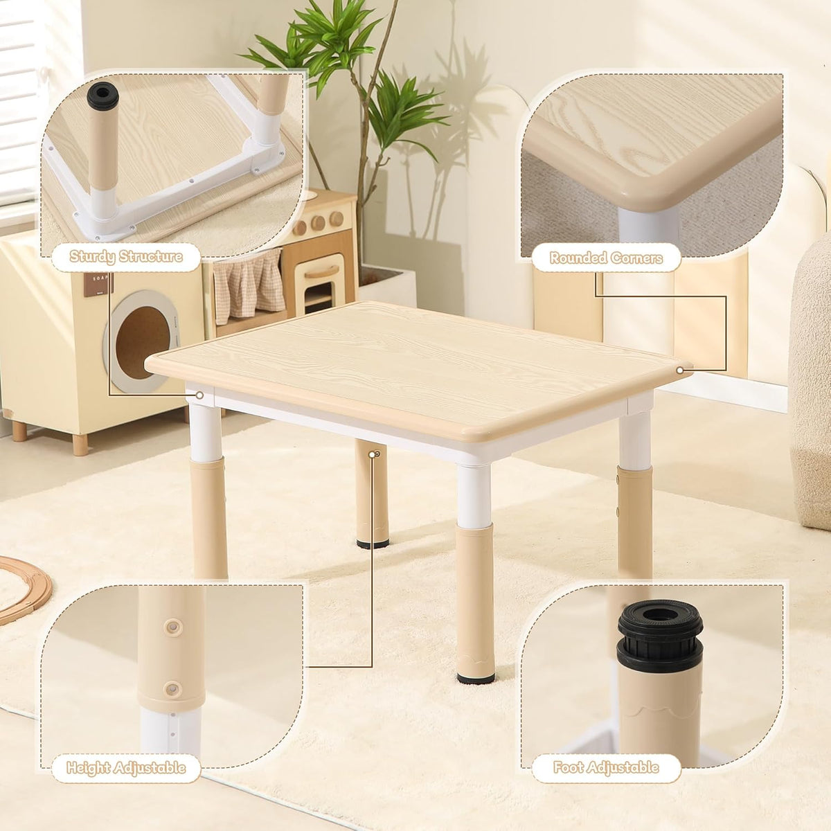 Height-Adjustable Kids Table and Chairs, 31.5''L x 23.6''W Toddler Table and 4 Chairs Set with