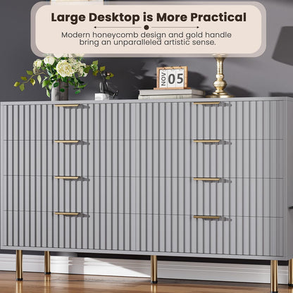 8 Drawer Dresser for Bedroom, Fluted 55" Wide Modern Chest of Drawers with Deep Drawers, Long Large