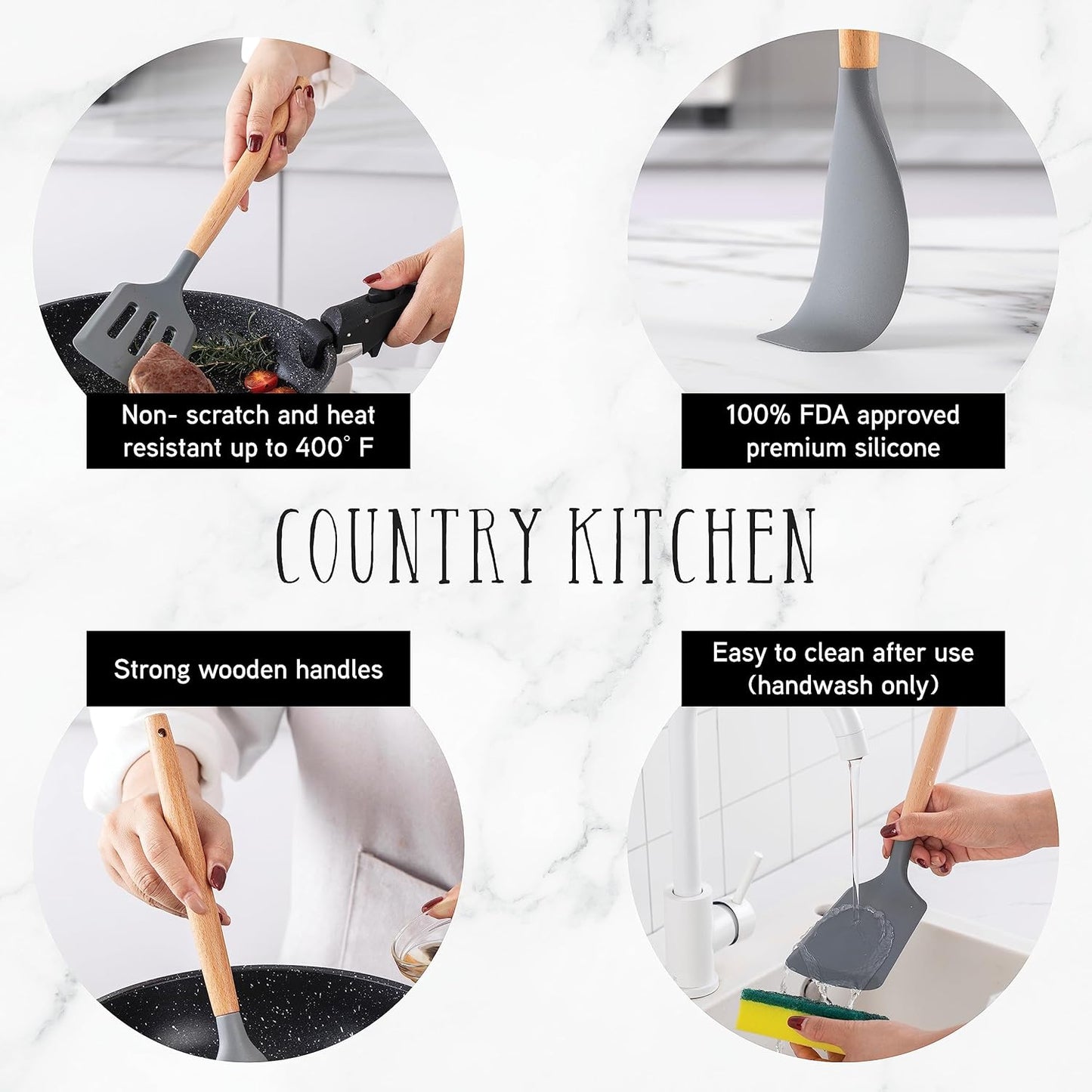 Country Kitchen Non Stick Silicone Utensil Set with Rounded Wood Handles for Cooking and Baking, 14