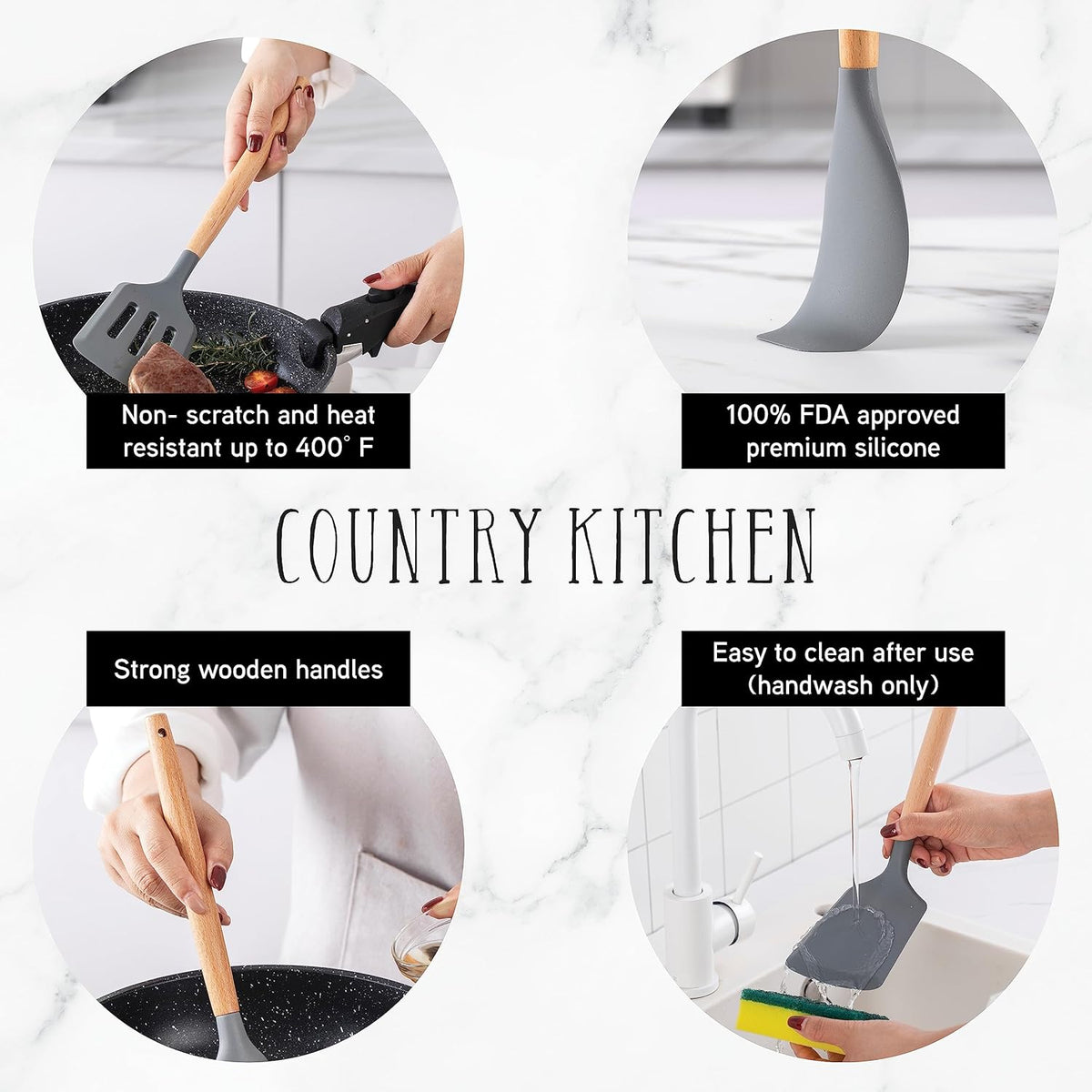 Country Kitchen Non Stick Silicone Utensil Set with Rounded Wood Handles for Cooking and Baking, 14