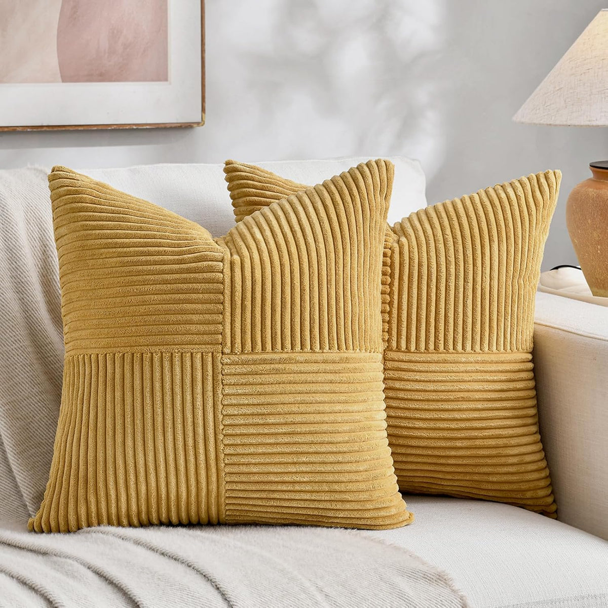 Fancy Homi 2 Packs Mustard Yellow Decorative Throw Pillow Covers 22x22 Inch for Living Room Couch