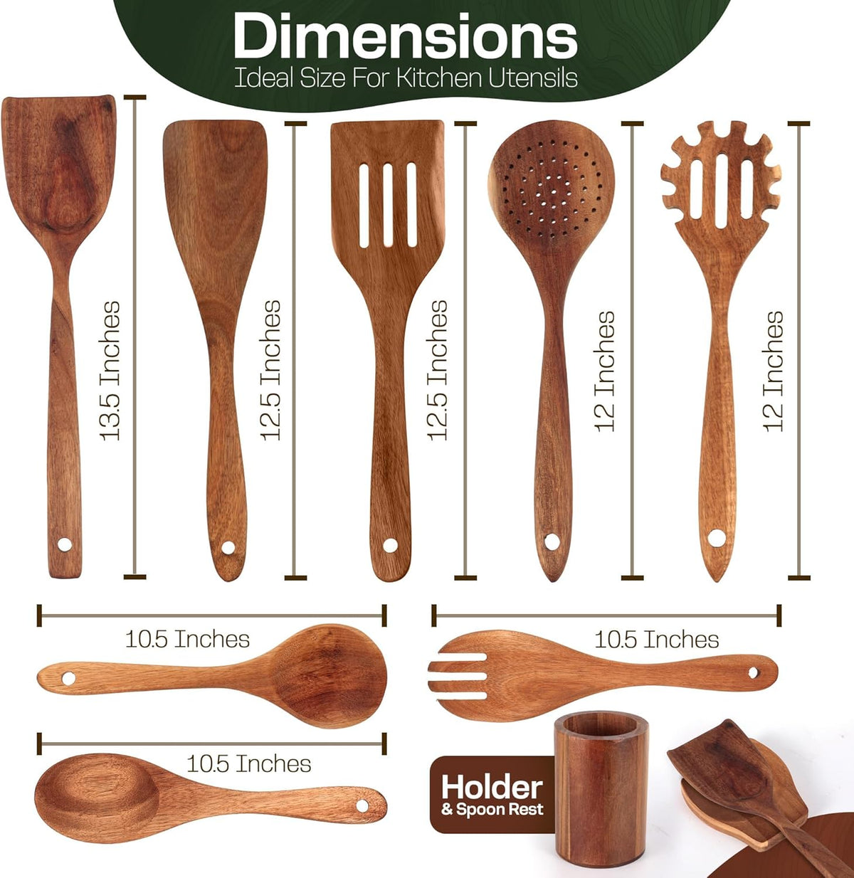 Wooden Spoons for Cooking Set of 10 - Cooking Utensils with Spoon Rest & Holder – Comfortable Grip