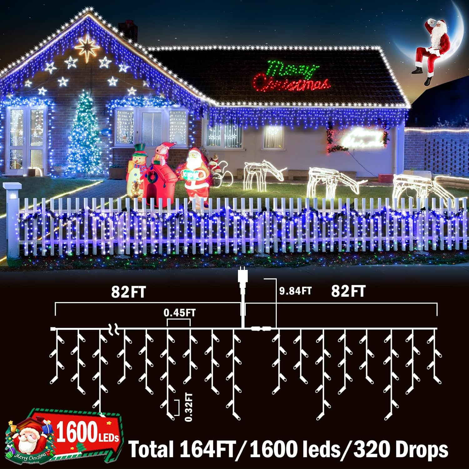 KNONEW 164FT 1600 LED Christmas Lights Outdoor Decoration Blue Timer 8Modes Hanging Fairy String