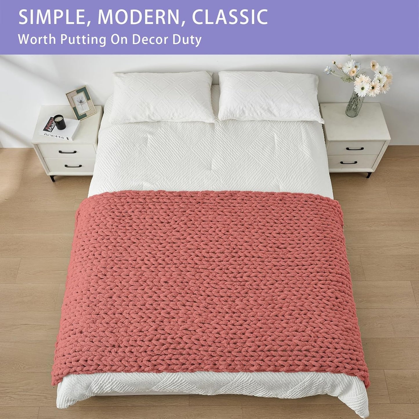 Bigacogo Chunky Knit Throw Blanket for Couch, 40x80 inches, 100% Hand Knitted with Thick Jumbo