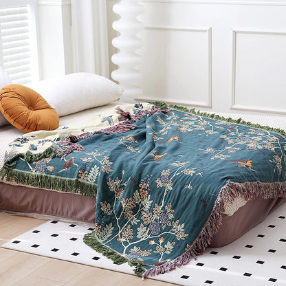 Snycler Boho Throw Blanket for Bed - 100% Cotton Ultra Soft Rustic Quilt Blanket Green Floral Bird