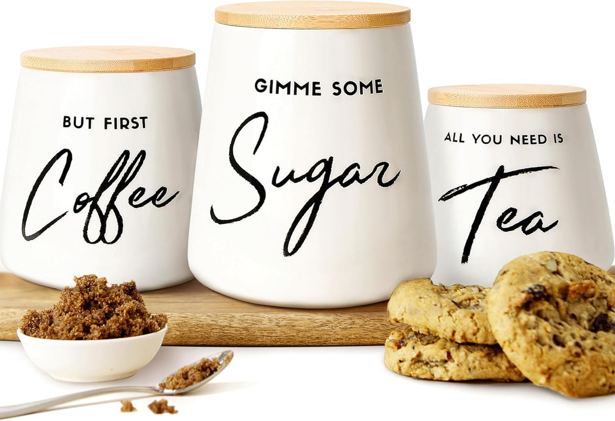 Coffee Tea and Sugar Ceramic Canister Set - 3-Piece Airtight Kitchen Canisters for Countertop