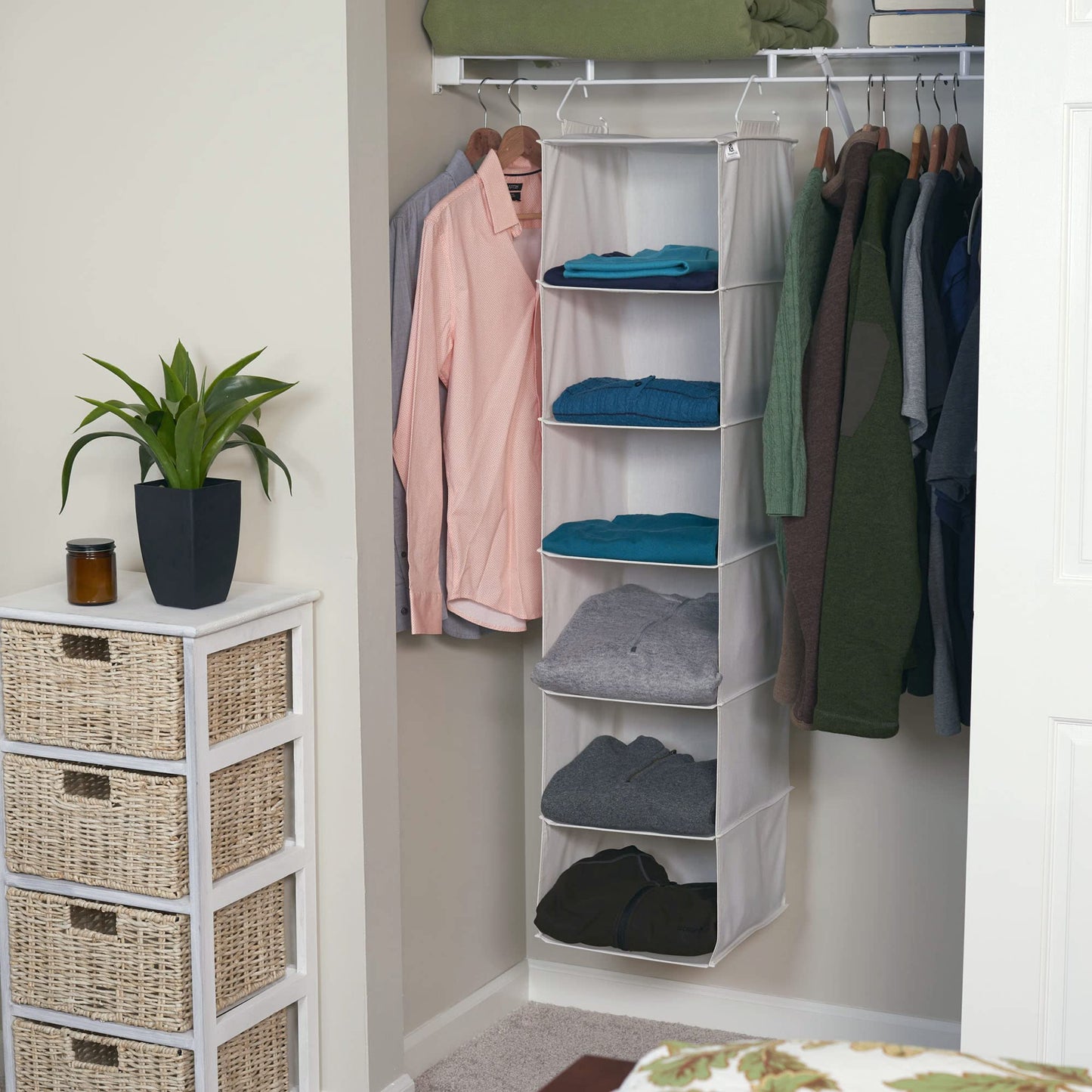 Household Essentials 6‑Shelf Hanging Closet Organizer in Soft Blended Canvas with Durable Plastic