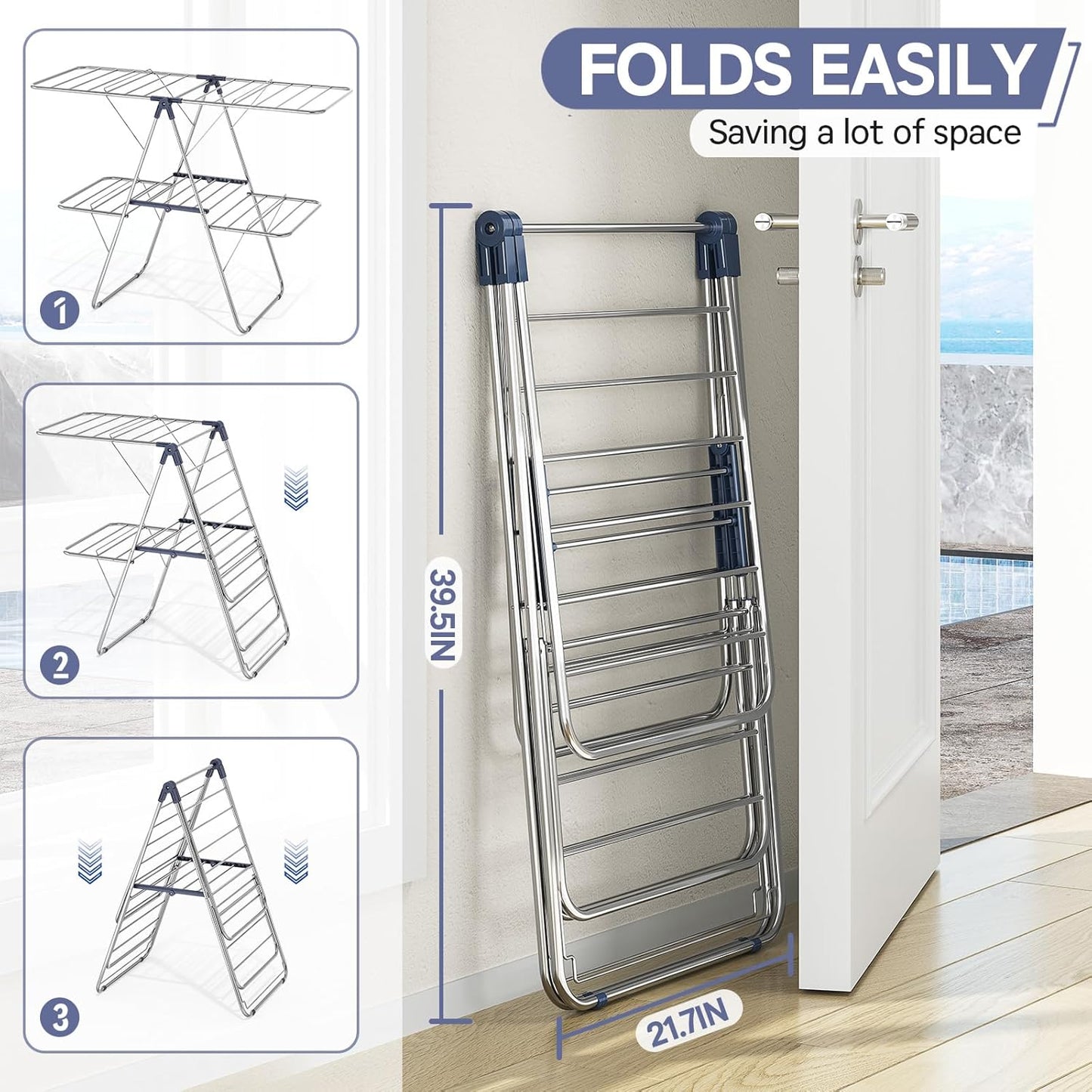 APEXCHASER Clothes Drying Rack with 4 Wings, Drying Rack Clothing with Height-Adjustable, Foldable