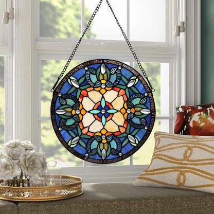 Handcrafted Stained Glass Window Panel - 12-Inch Round Floral Design with Vibrant Colors, Elegant