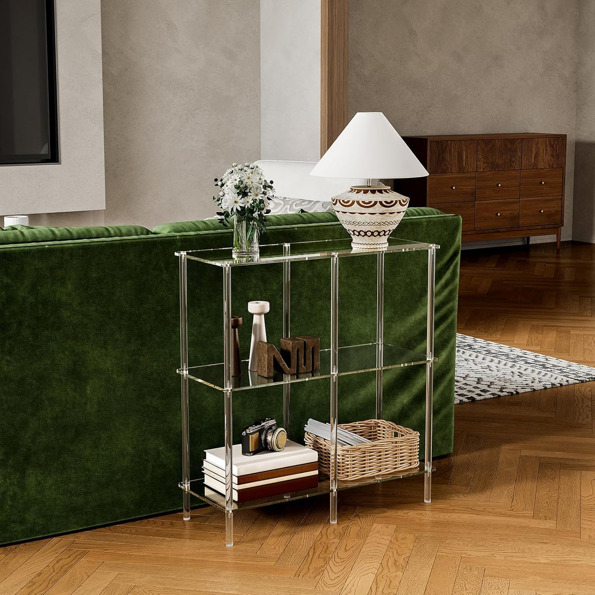 Acrylic Console Table, 29.5" Small Entryway Table with Open Shelves, Clear Entry Table for Sofa