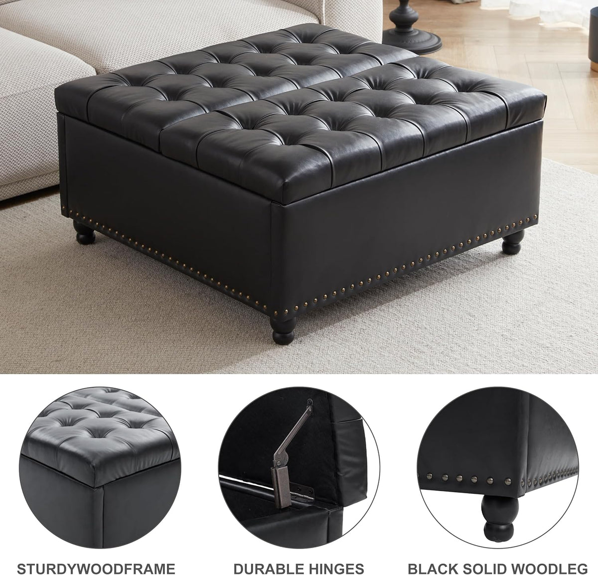 Tbfit Large Square Storage Ottoman Bench, Tufted Upholstered Coffee Table Ottomans with Lift Top &