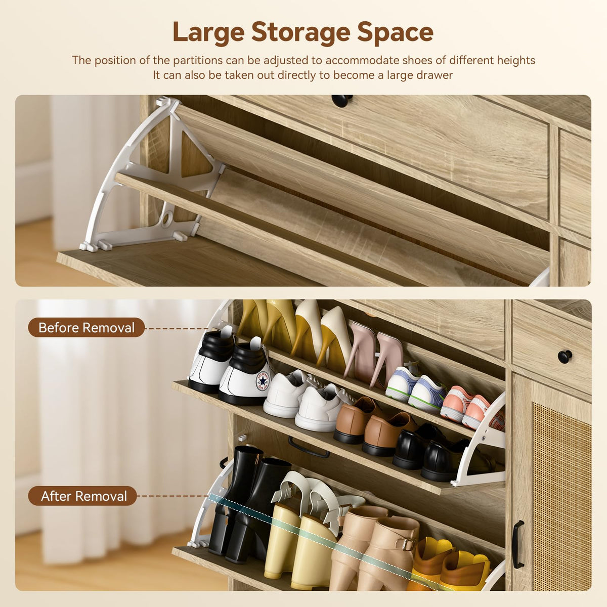 Holiwei Shoe Cabinet Rattan Woven with High Boot Storage, Large Capacity Modern Entryway Organizer