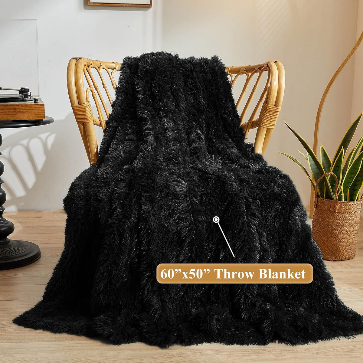 XeGe Luxury Faux Fur Throw Blanket, Black Soft 50x60 Fluffy Blanket Throw, Shaggy Plush Decorative