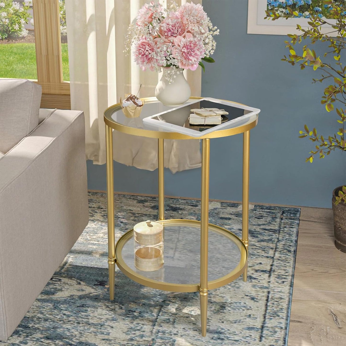 2 Tier Round Side Table, Gold End Table with Glass Top, Modern Metal Clear Coffee Tables, Small