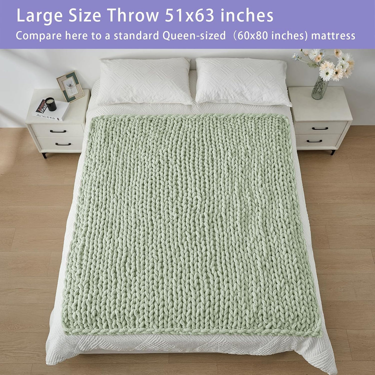 Bigacogo Chunky Knit Throw Blanket for Couch, 51x63 inches, 100% Hand Knitted with Thick Jumbo