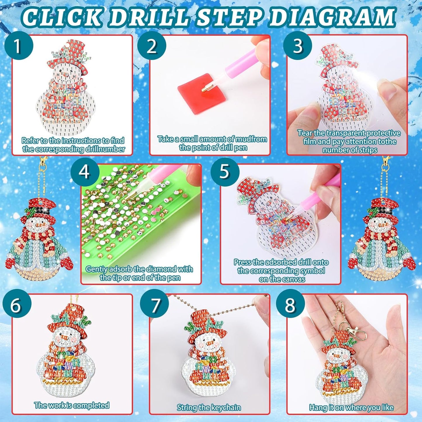 Tondiamo 20 Pcs Christmas Diamond Painting Keychain Kits 5D DIY Diamond Art Pendants Double Sided