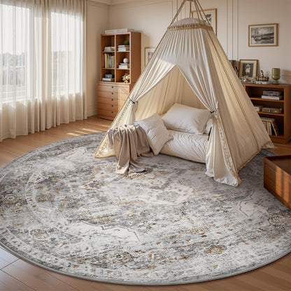 AMOAMI-6FT Round Rug-Rugs for Living Room-Vintage Soft Grey Rugs for Bedroom-Non Slip Circle