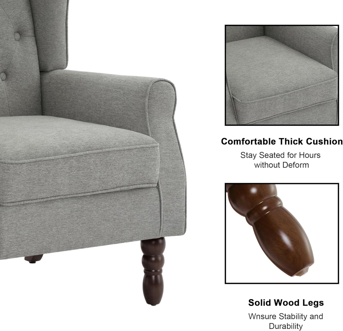 Accent Chair, Upholstered Armchair with Button Tufted High Back & Solid Wood Legs, Comfy Wingback