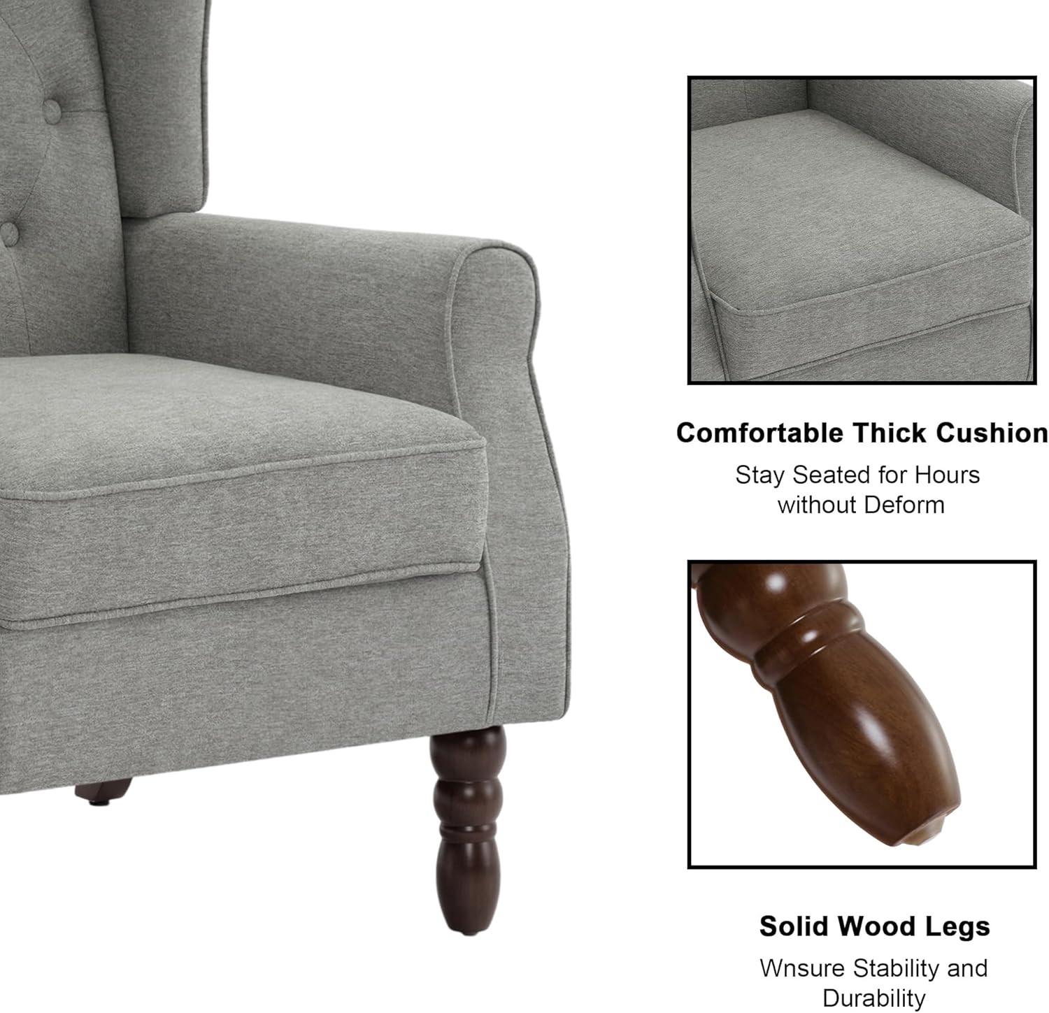Accent Chair, Upholstered Armchair with Button Tufted High Back & Solid Wood Legs, Comfy Wingback