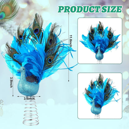 Retisee 15-Inch Christmas Peacock Tree Topper - Artificial Feather Glitter Blue Ornament for Indoor