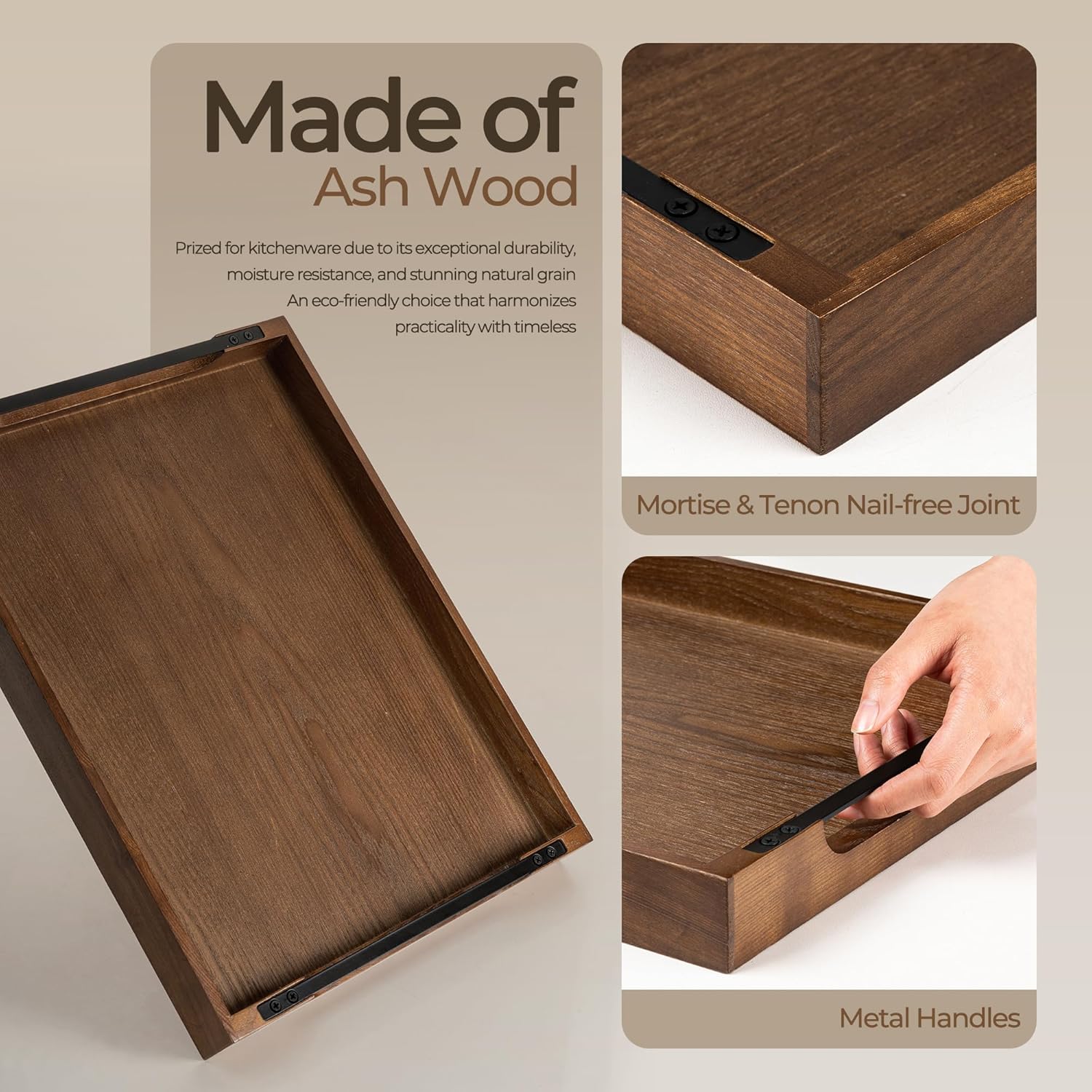Axeman Wooden Serving Tray with Metal Handles|Ottoman Tray for Breakfast, Bed, Couch|17x13in Ash
