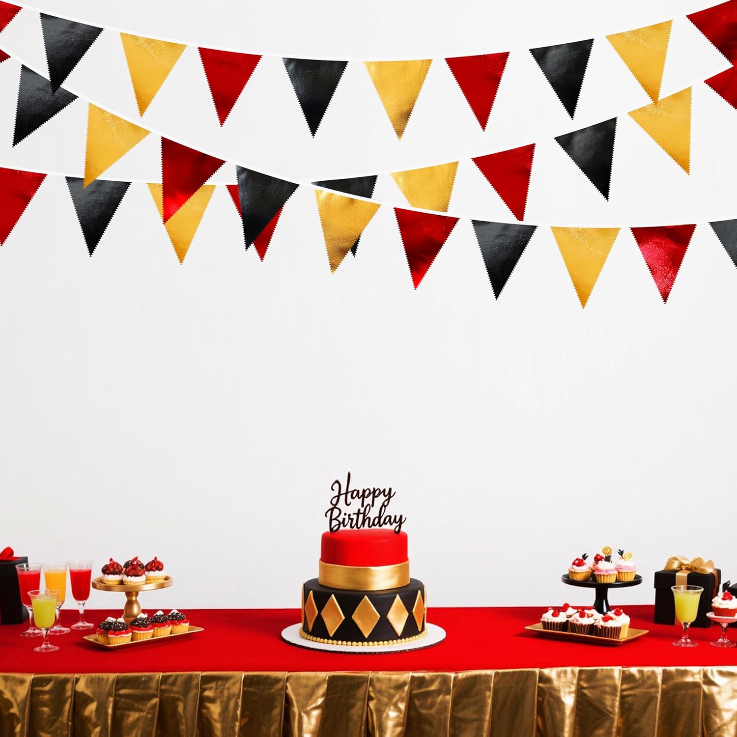 Red Black Gold Party Decorations Metallic Fabric Triangle Pennant Banner Flag Bunting Garland for