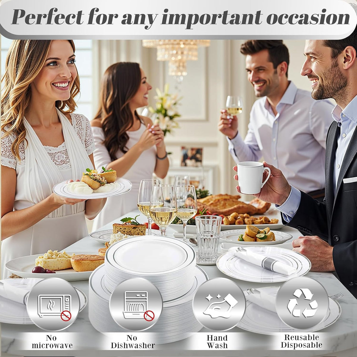 350Piece Silver Plastic Dinnerware Set for 50 Guests - Silver Plastic Plates with Cutlery