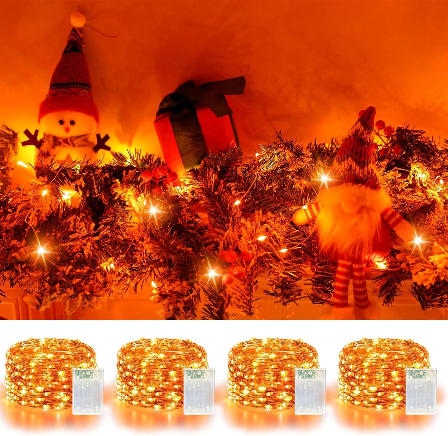 4 Pack 60LED Halloween Fairy Lights Battery Operated - 20FT Twinkle Lights with 2 Lighting Modes