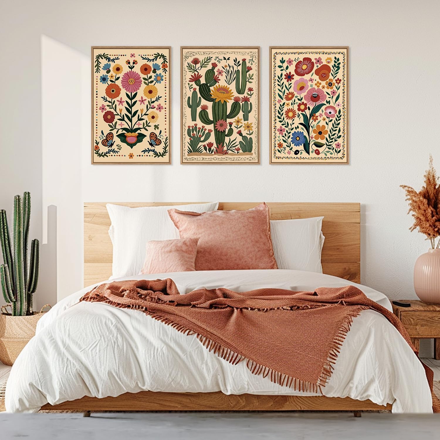 HLNIUC Vintage Flower Framed Canvas Wall Art,Colorful Desert Cactus Flower Wall Decor Set of