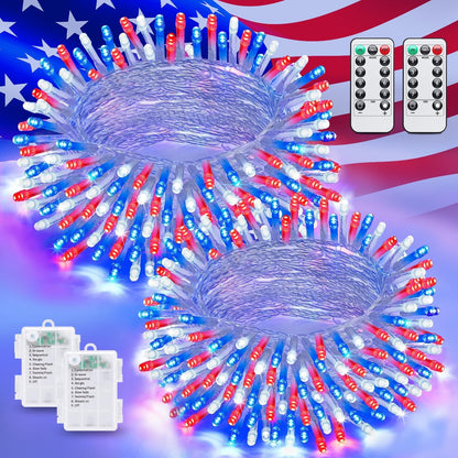JMEXSUSS 2 Pack Red White and Blue Lights Outdoor, 33ft 100 LED 4th of July Lights Battery