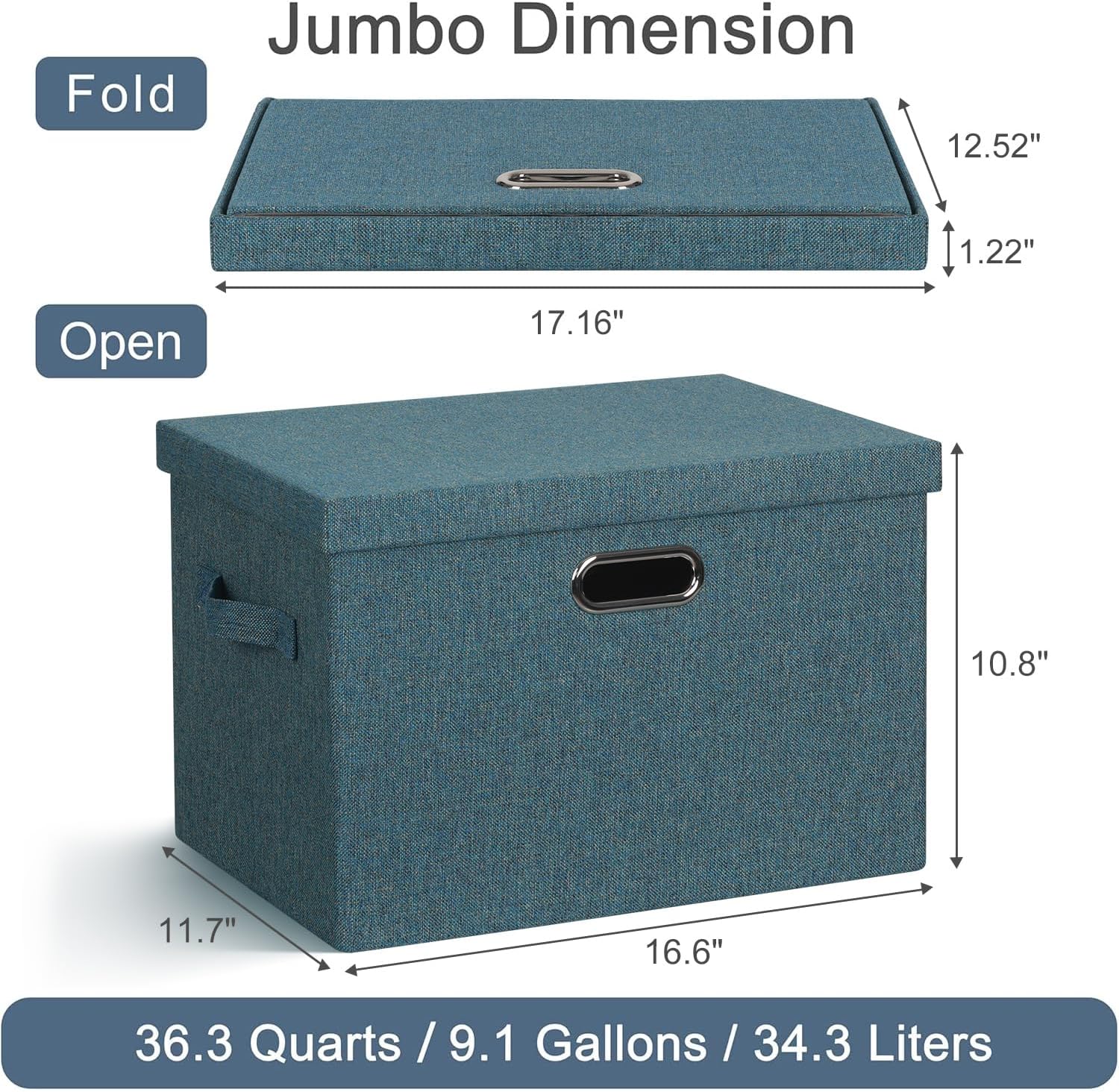 Large 17" 36 Quart Collapsible Stackable Storage Bins with Lids, 3 Packs Blue-Green Linen Fabric