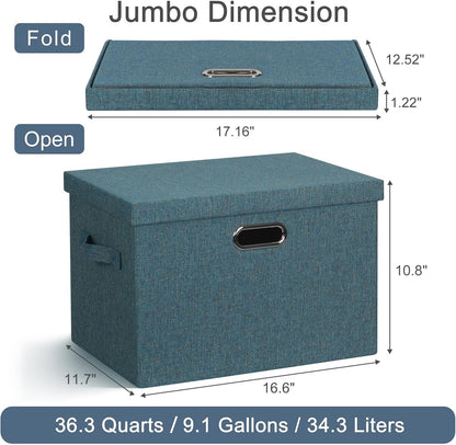 Large 17" 36 Quart Collapsible Stackable Storage Bins with Lids, 3 Packs Blue-Green Linen Fabric