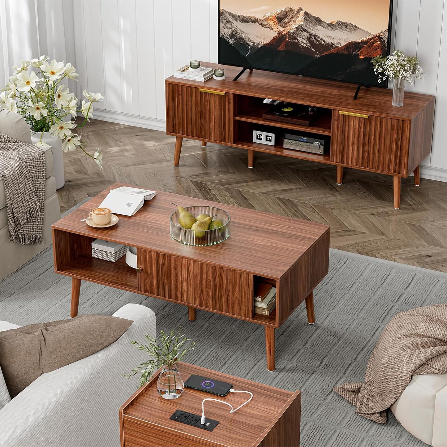 Coffee Table with Storage, Mid Century Dining Table with Sliding Fluted Door and Solid Wood Legs