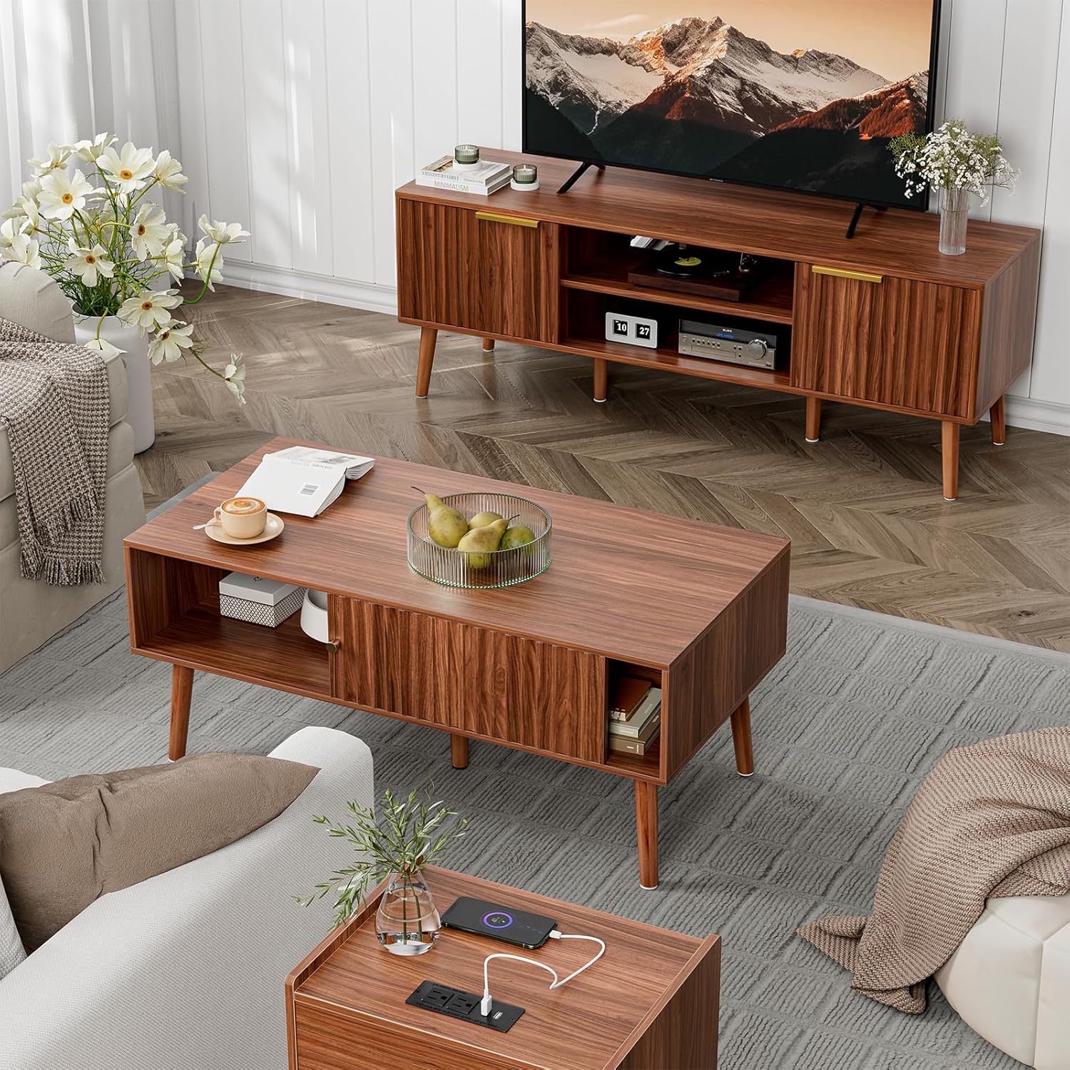Coffee Table with Storage, Mid Century Dining Table with Sliding Fluted Door and Solid Wood Legs