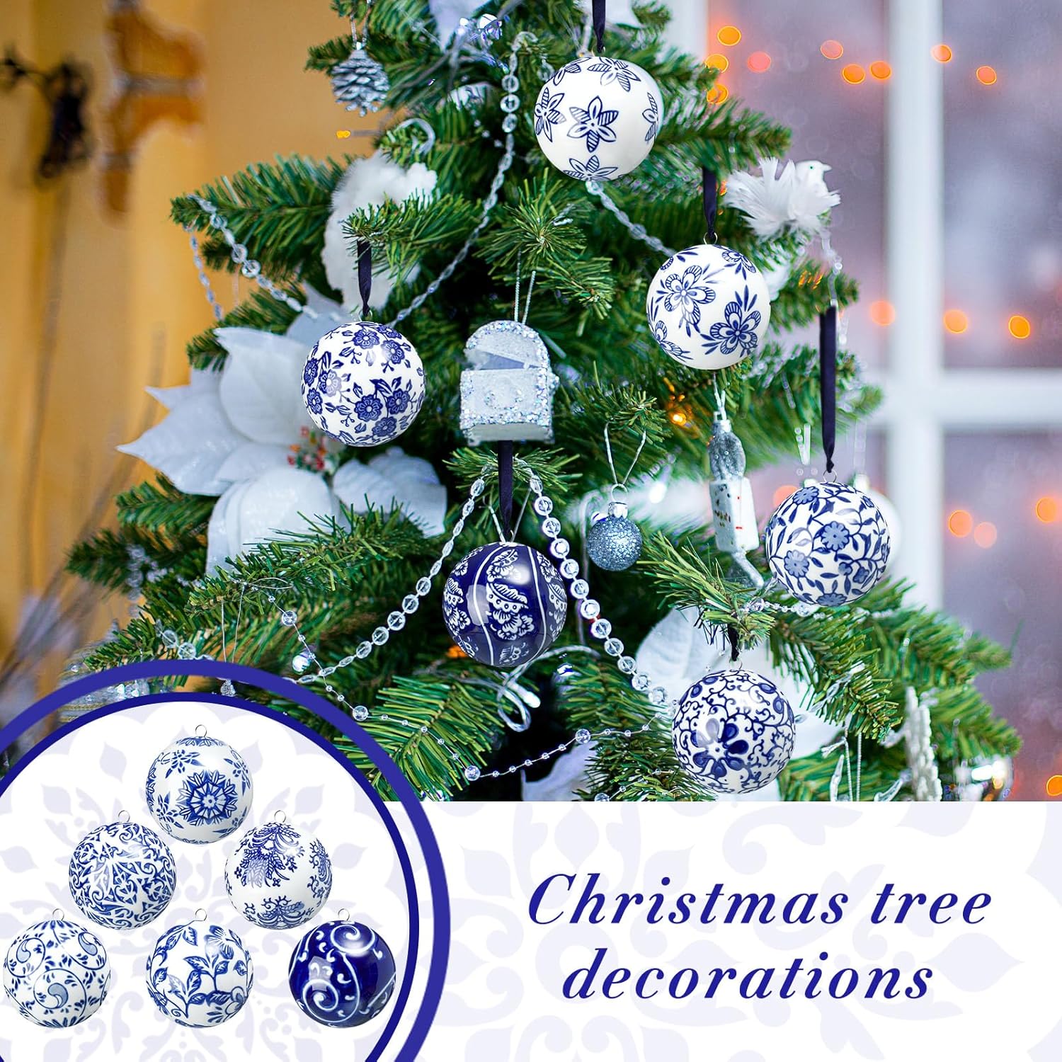 Cindeer 12 Pcs Blue and White Christmas Porcelain Balls 2.4 Inch Porcelain Chinoiserie Ornament