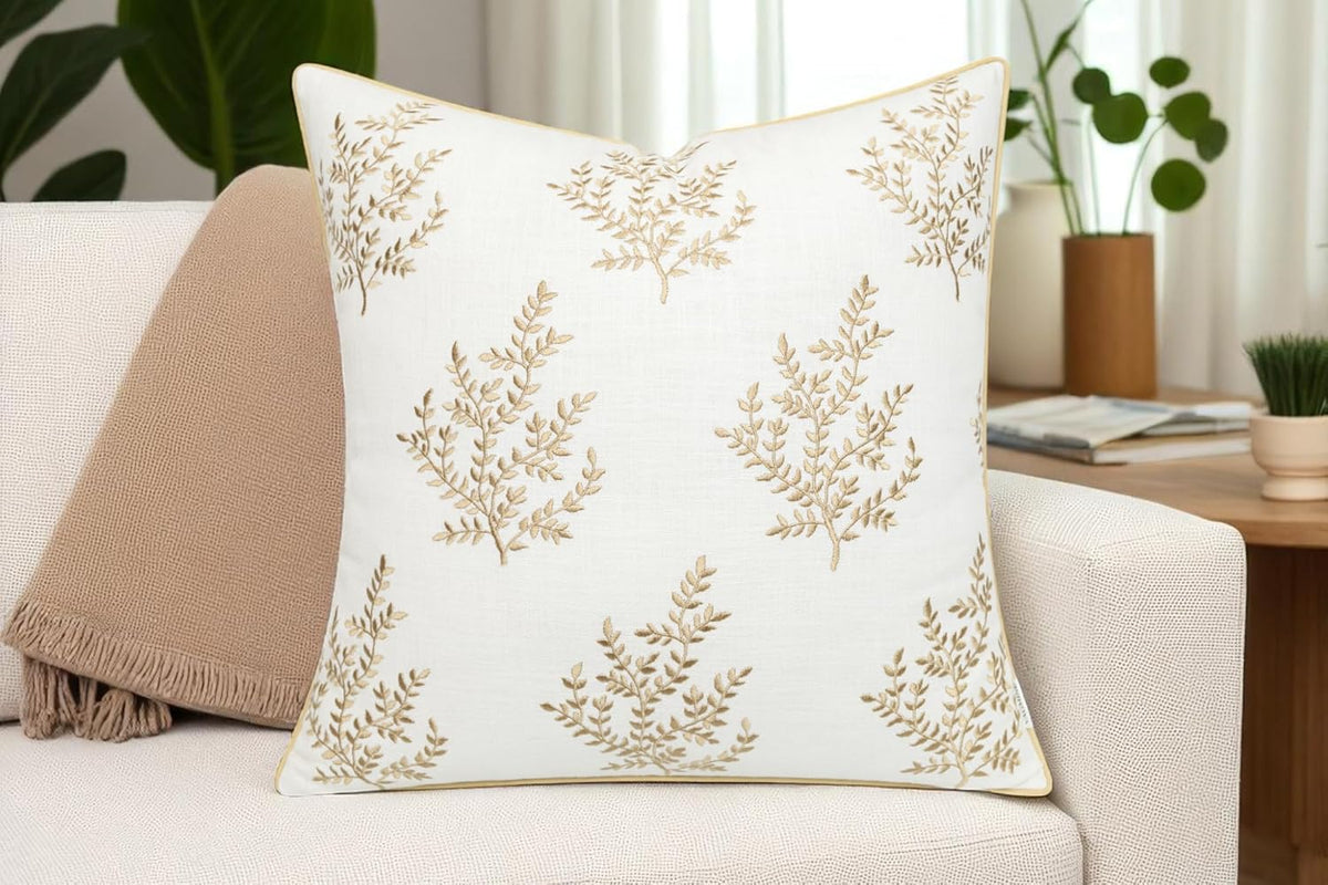 VAGMINE Embroidered Leaves Throw Pillow Cover - 18x18 Inches Square - 100% Cotton Ivory Decorative