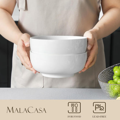 MALACASA Salad Bowls Set, 44 OZ (7") Large Soup Bowls Cereal Bowl for Kitchen, White Ceramic Bowls