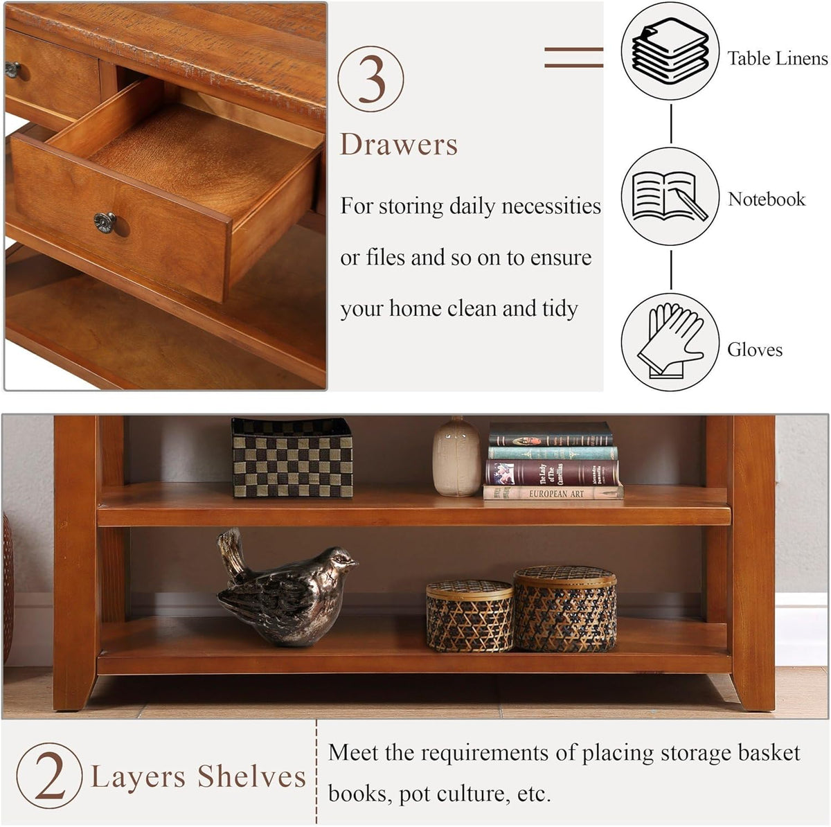 Solid Wood Console Table Entryway Table with Storage Drawers and Bottom Shelf Sofa Table for Entry