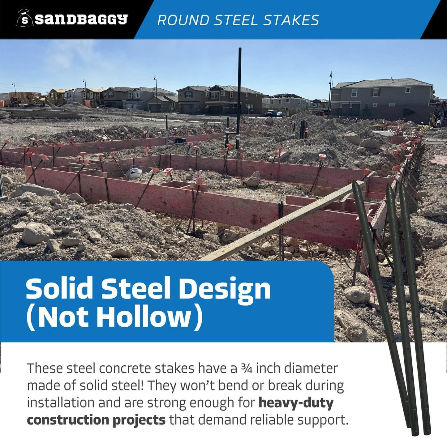 Sandbaggy Round Steel Concrete Form Stakes with Nail Holes - Rust Resistant Coating - Removable