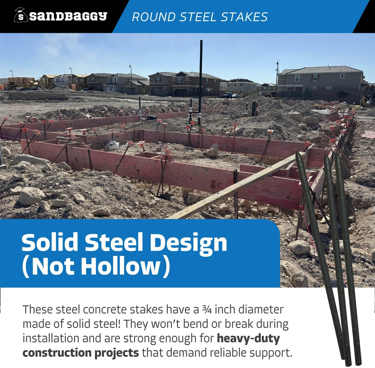 Sandbaggy Round Steel Concrete Form Stakes with Nail Holes - Rust Resistant Coating - Removable