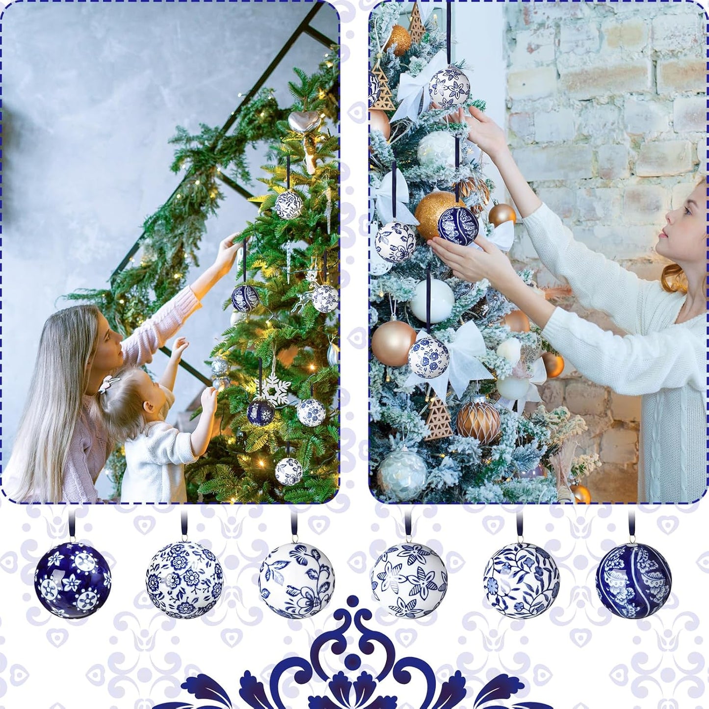 Cindeer 6 Pcs Blue and White Christmas Porcelain Balls 2.4 Inch Porcelain Chinoiserie Ornament Bulk