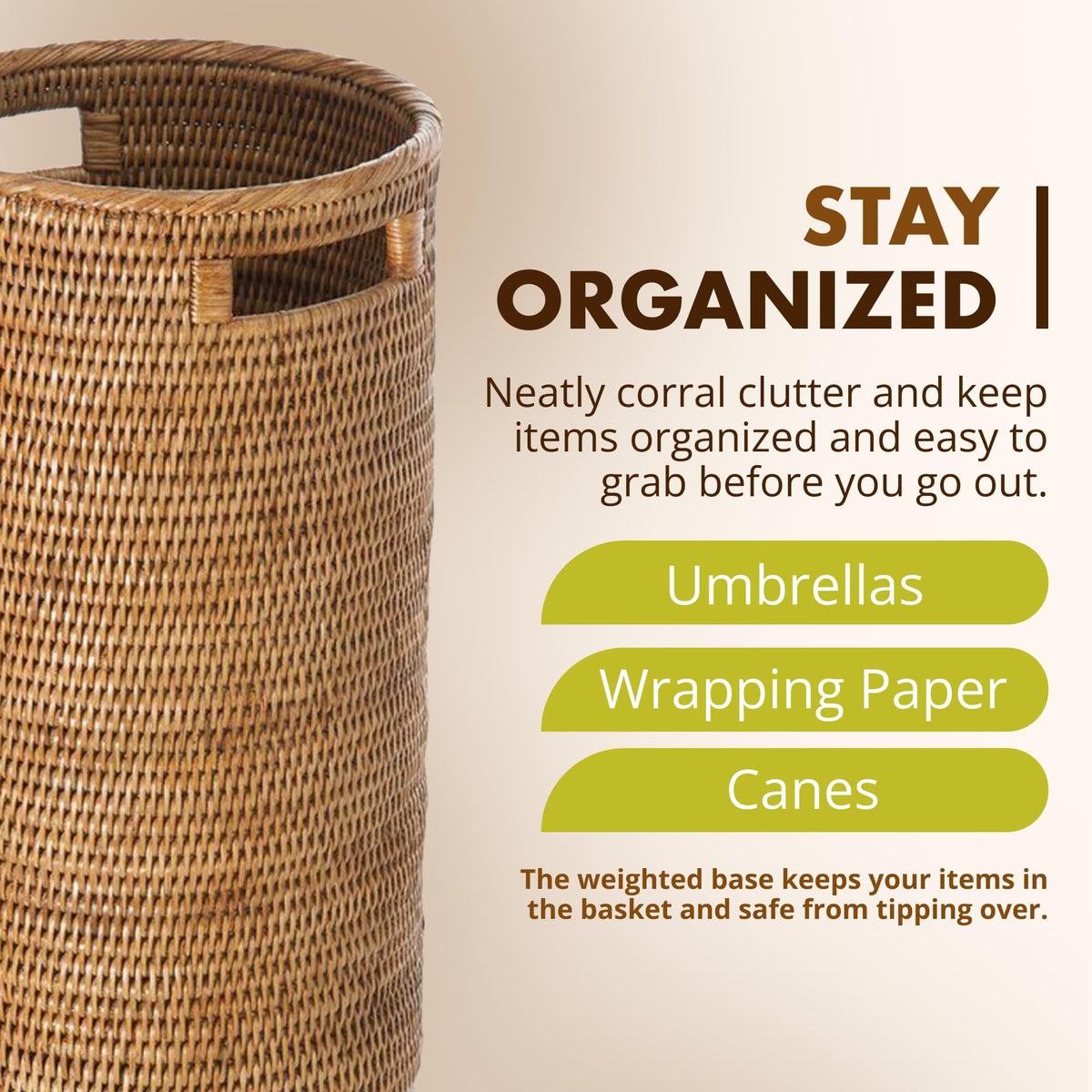 KOUBOO La Jolla Rattan Umbrella Stand, Handmade, Honey Brown, Umbrella Holder, Sturdy, Walking