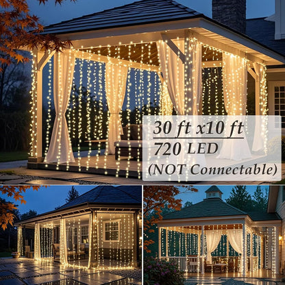 Solhice LED Curtain Lights Outdoor 30ft x10ft, 720 LED Plug in Hanging String Lights Indoor