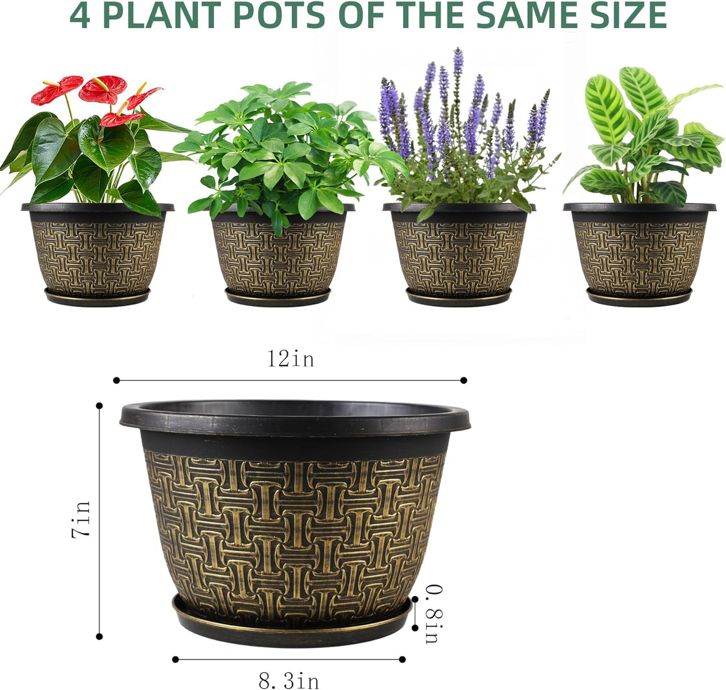 4 Pack 12 Inch Plant Pots,Large-Plant-Flower-Planters-Plastic, Flower Pots Outdoor Indoor with