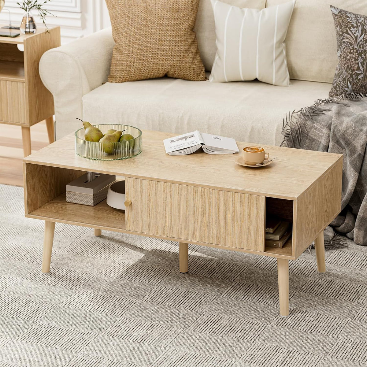 Coffee Table with Storage, Boho Dining Table with Sliding Fluted Door and Solid Wood Legs, Small